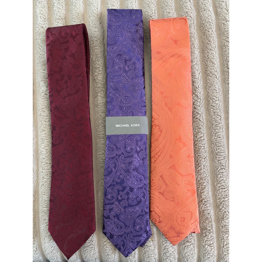 Michael Kors Mens Silk Paisley Tie Set Burgundy Purple Orange 3 Pack NWT